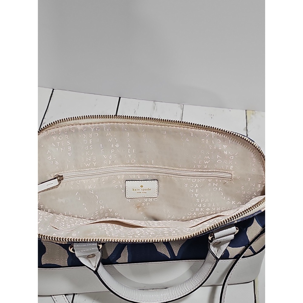 Kate Spade Wellesley Rachelle Leaves Dome Satchel Handbag Navy Blue White Canvas - Picture 12 of 13